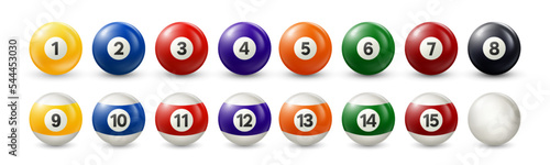 Billiard, pool balls set. Vector realistic snooker ball collection with numbers on white background