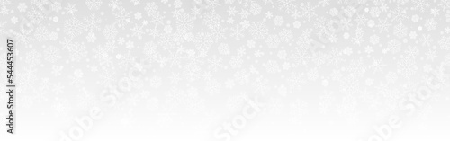 Christmas background. White snowflakes on silver wallpaper. Winter holiday concept. Light website template. Beautiful snowy texture for poster or greeting card. Vector illustration