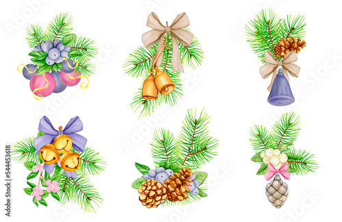 Set of watercolor New Year and Christmas compositions. Scandinavian decor. Christmas tree branches with decoration. Ready-made illustrations for postcards, congratulations, posters, labels, tags.