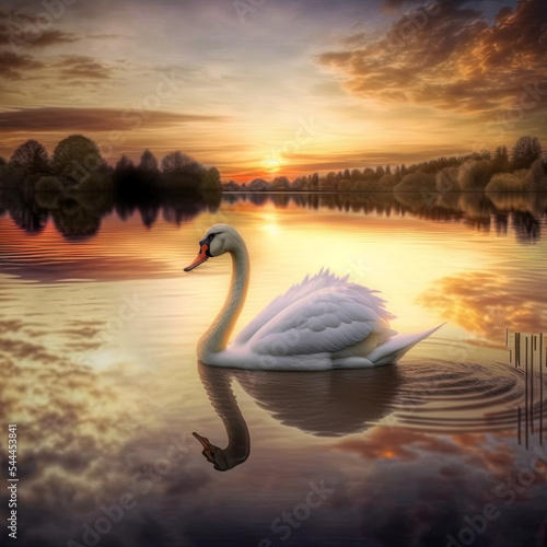 Fototapeta Naklejka Na Ścianę i Meble -  Beautiful swan on the lake at sunrise