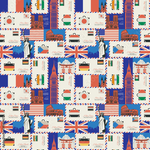 Vector seamless pattern on theme of travel to various countries of Europe, Asia and America. Retro background with envelopes, flags and architectural landmarks. Wallpaper, wrapping paper, fabric