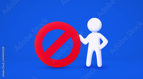 3d white cartoon man holding big stop symbol. Reject concept. Isolated blue background.