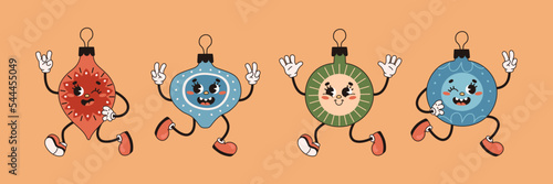 Retro Christmas ornaments with happy smiling face isolated on orange background. Peace, Rock symbol, hand gesture. Groovy vintage Christmas vector illustration. Old toys. Trendy cartoon style.