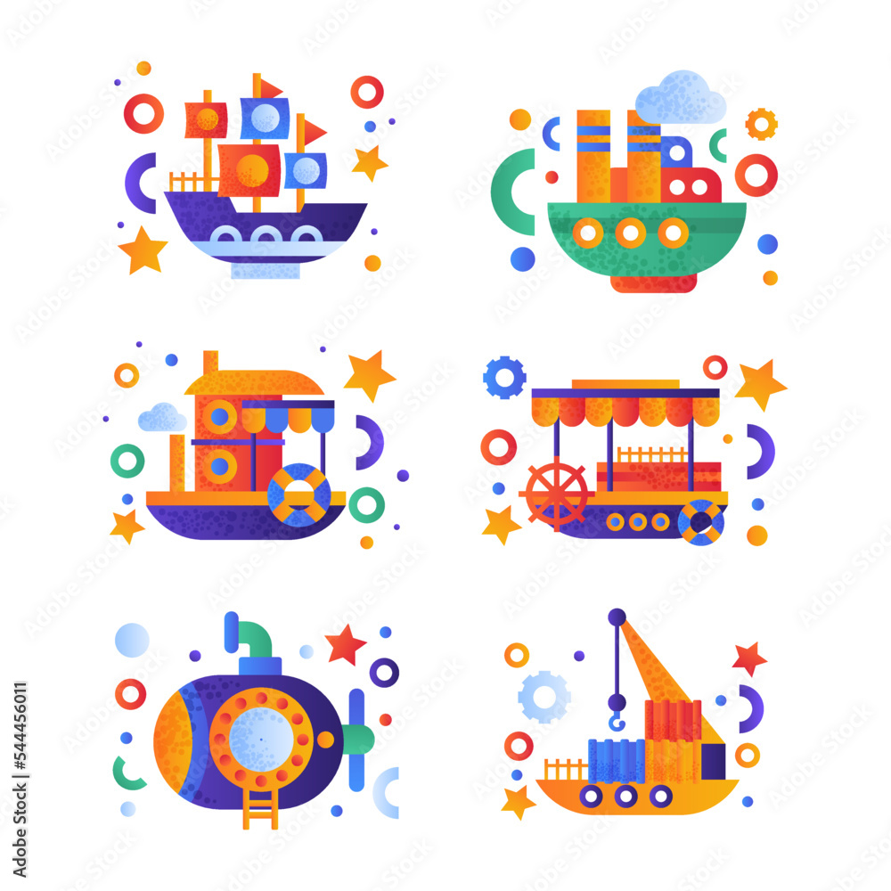 Flat Ship and Sea Vessel Colorful Icon as Seafaring and Marine Cruise Vector Set Flat Ship and Sea Vessel Colorful Icon as Seafaring and Marine Cruise Vector Set
