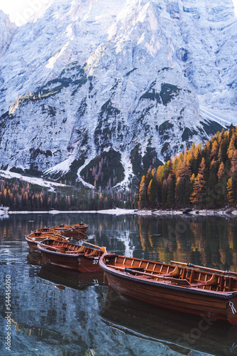 Quadro su tela Lago di Braies Pragser Wildsee Drone autumn fall Italy Boats and reflection