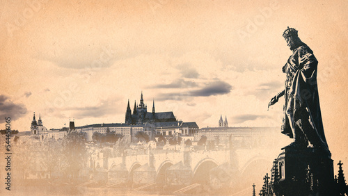 Fotografie Postcard Graphic Collage with Statue of Charles IV and Background of Historical