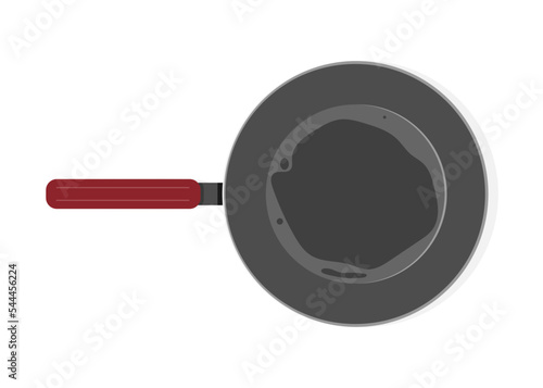 Vector illustration of a frying pan in a flat style. Frying pan with red handle with sunflower oil