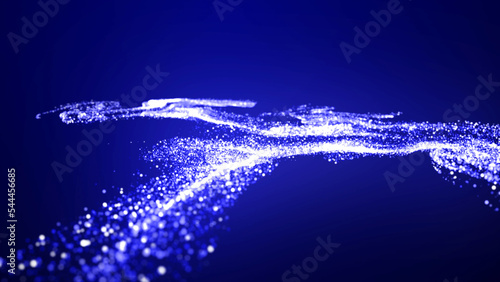 Abstract bg with blue magic glitters fly in air and form beautiful swirls. Sparkles float in viscous liquid. Sparkles in flow of turbulence forces. 3d render photo