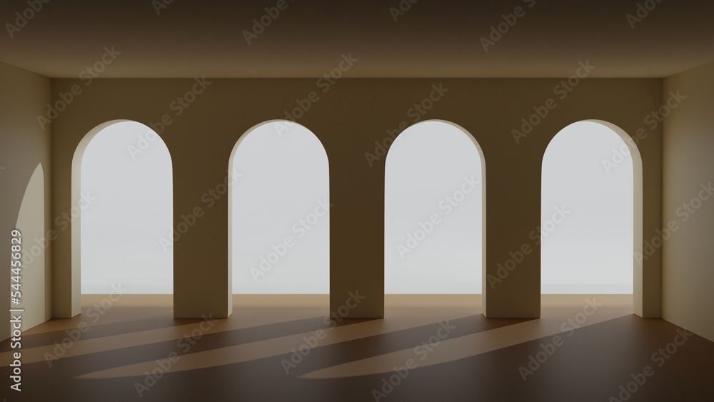 Aches window in the wall with sun light and shadow empty room, 3d rendering. Aches window in the wall with sun light and shadow empty room, 3d rendering.