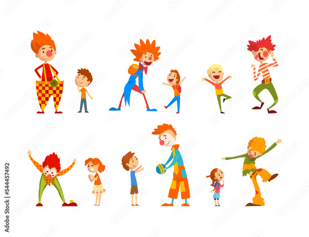 Funny Man Clown Character in Colorful Costume Entertaining Kids Vector Set
