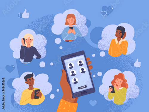 Refer friend concept. Special offer for customer, modern marketing methods. Promotion of goods and services in social networks and messengers. Poster or banner. Cartoon flat vector illustration
