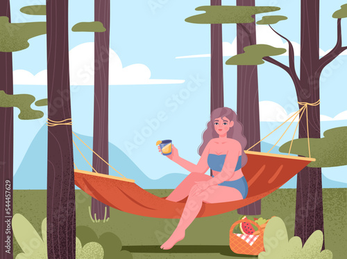 Rest in hammock. Young girl sits with cocktail in her hands in bathing suit in forest. Rest, vacation and holiday. Leisure, relax and hobby. Poster or banner. Cartoon flat vector illustration