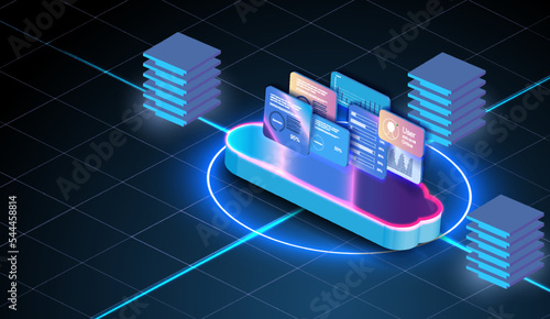Remote data center for the management of modern technologies. Vector Cloud, the concept of cloud storage, data transfer,