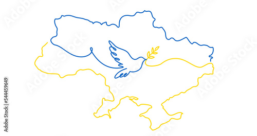 Peace to Ukraine concept with dove with a branch and Ukraine map silhouette. Symbol of peace simple line drawing vector illustration isolated on white background. Stand with Ukraine logo, tattoo etc