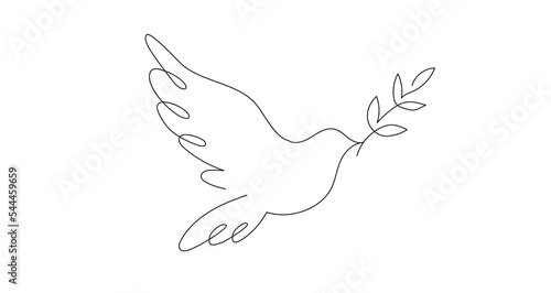 Simple line drawing of dove with a branch. Continuous line pigeon bird as a symbol of peace, hope and life in linear style. Mascot design for logo, charity, donation, tattoo etc. Vector illustration.