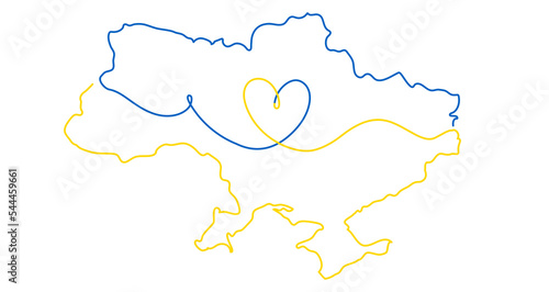Peace to Ukraine concept with heart and Ukraine map. Support Ukraine art in the colors of the Ukrainian flag. Simple line drawing vector illustration for charity or humanitarian concept, tattoo, logo