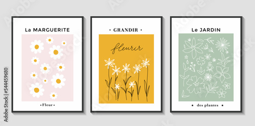 Matisse Abstract botanical set with flowers. Simple line flowers boho style vector illustration. Trendy aesthetic vintage design templates with pink, mustard and sage green background. One line art. photo