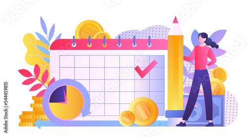 Financial calendar concept. Budgeting and planning of expenses and income. Economy and trading, talented entrepreneur or businessman. Poster or banner for website. Cartoon flat vector illustration