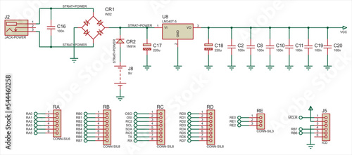 Vector electrical schematic diagram of an digitalelectronic device with lcd display, operating under the control of a pic microcontroller.Evaluation board. Sheet 3 of 3. photo