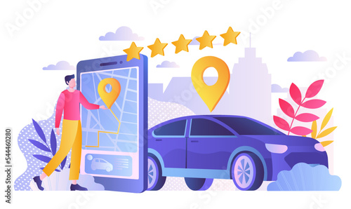 Car sharing concept. Man rents transport for traveling around city, tourist. Modern technologies, software, applications and programs. Character traces route on map. Cartoon flat vector illustration