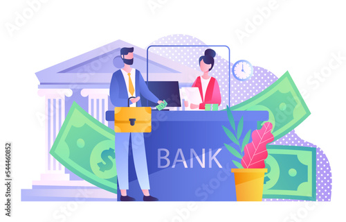 Man in bank. Young guy holds out money to cashier, banking operations, transfers and transactions, coins and banknotes. Cash department window, poster or banner. Cartoon flat vector illustration