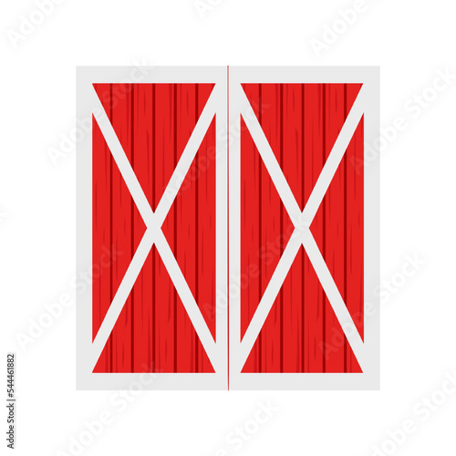 Red wooden barn door isolated on white background. Front view. Element of farm warehouse building. Vector cartoon illustration.