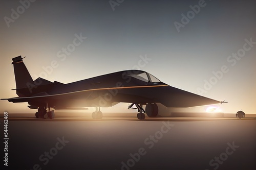 military jet aircraft parked on runway in sun. 3d render and illustration.