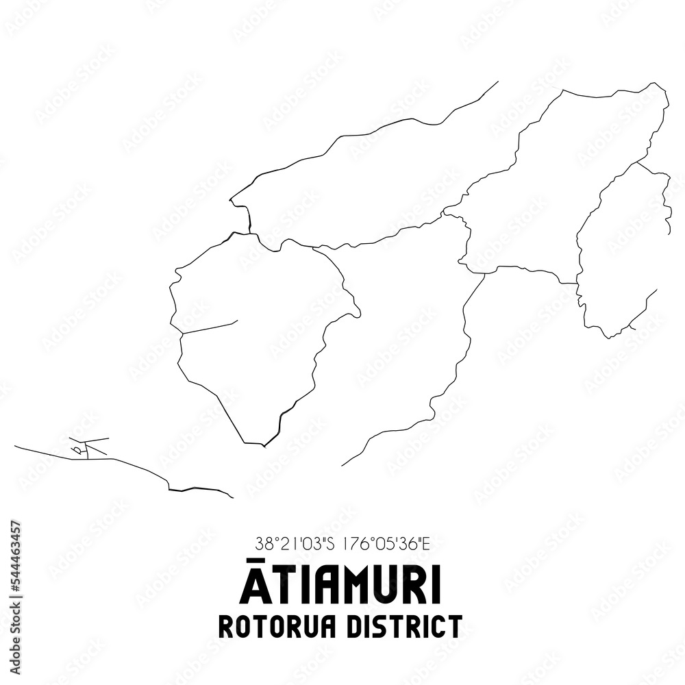 Atiamuri, Rotorua District, New Zealand. Minimalistic road map with black and white lines