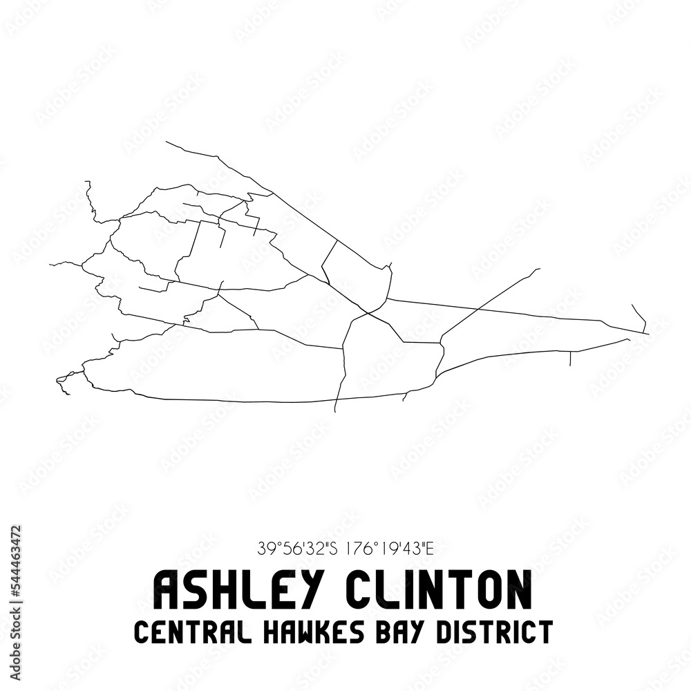 Ashley Clinton, Central Hawke's Bay District, New Zealand. Minimalistic road map with black and white lines Ashley Clinton, Central Hawke's Bay District, New Zealand. Minimalistic road map with black and white lines