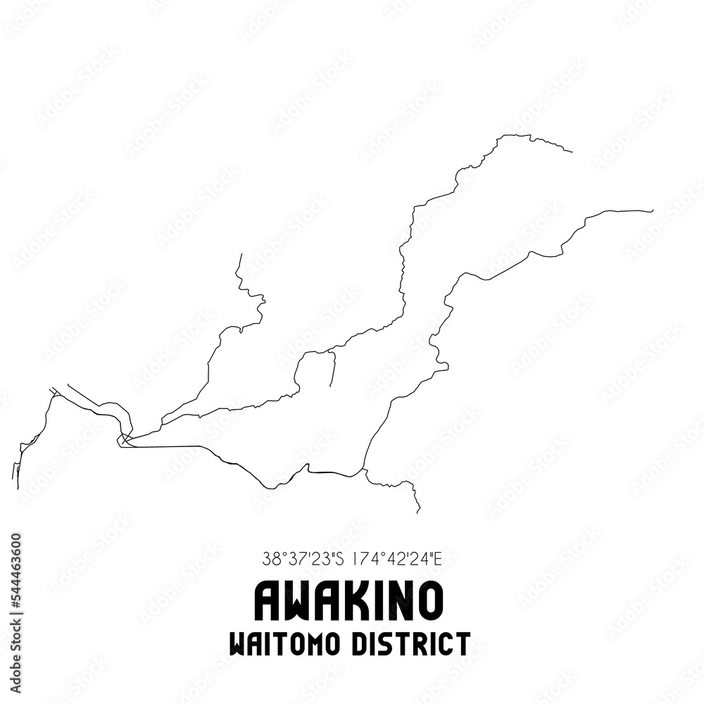 Awakino, Waitomo District, New Zealand. Minimalistic road map with black and white lines