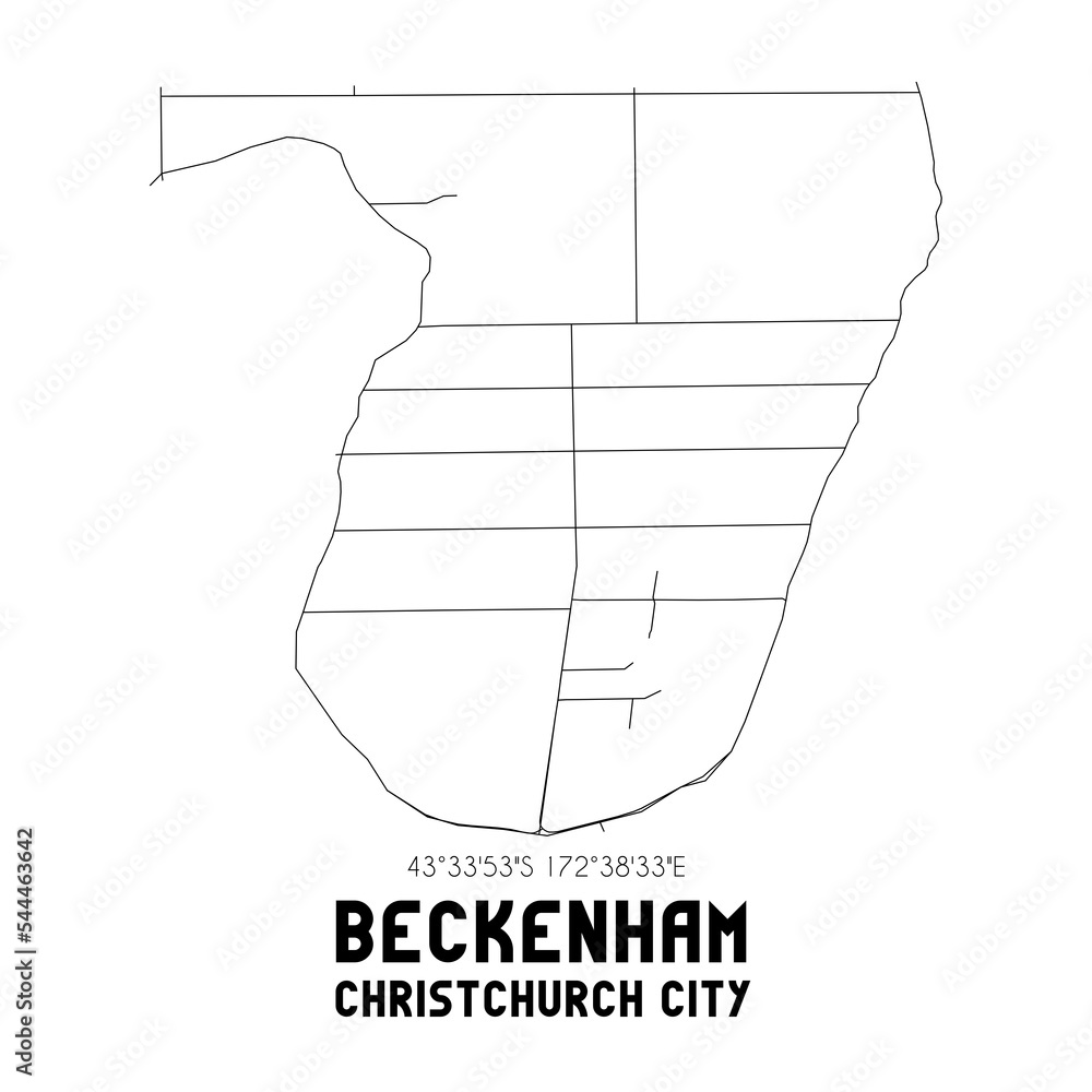 Beckenham, Christchurch City, New Zealand. Minimalistic road map with black and white lines