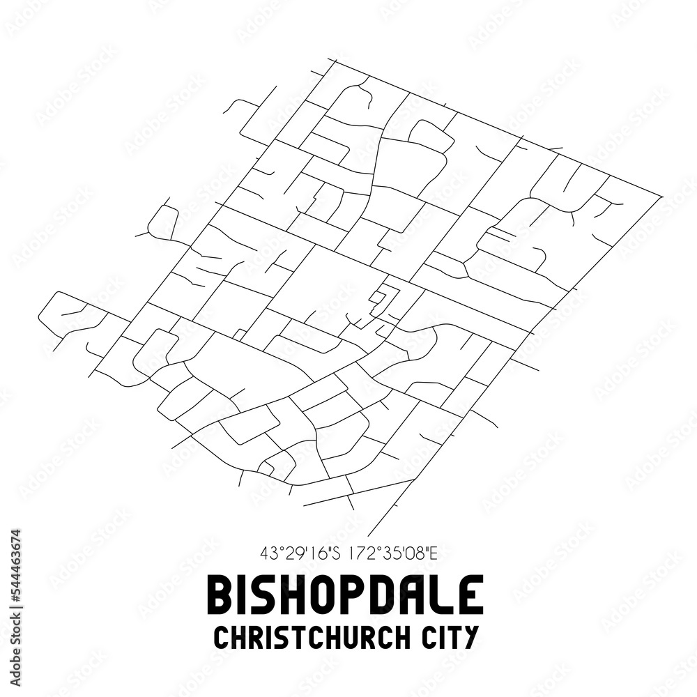 Bishopdale, Christchurch City, New Zealand. Minimalistic road map with black and white lines