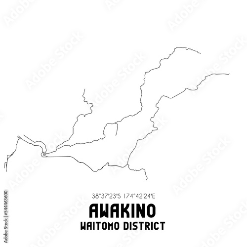 Awakino, Waitomo District, New Zealand. Minimalistic road map with black and white lines