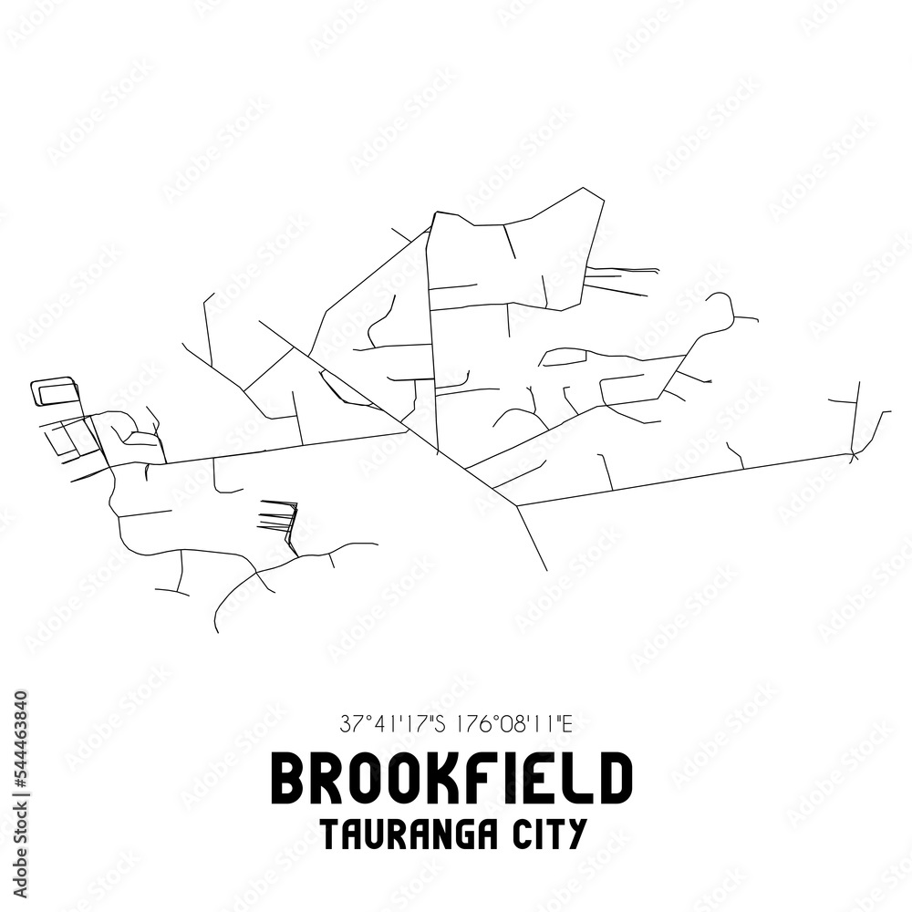 Brookfield, Tauranga City, New Zealand. Minimalistic road map with black and white lines