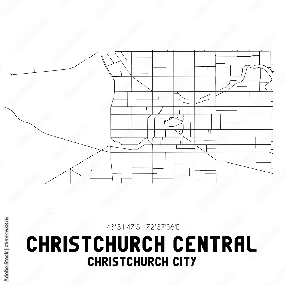 Christchurch Central, Christchurch City, New Zealand. Minimalistic road map with black and white lines