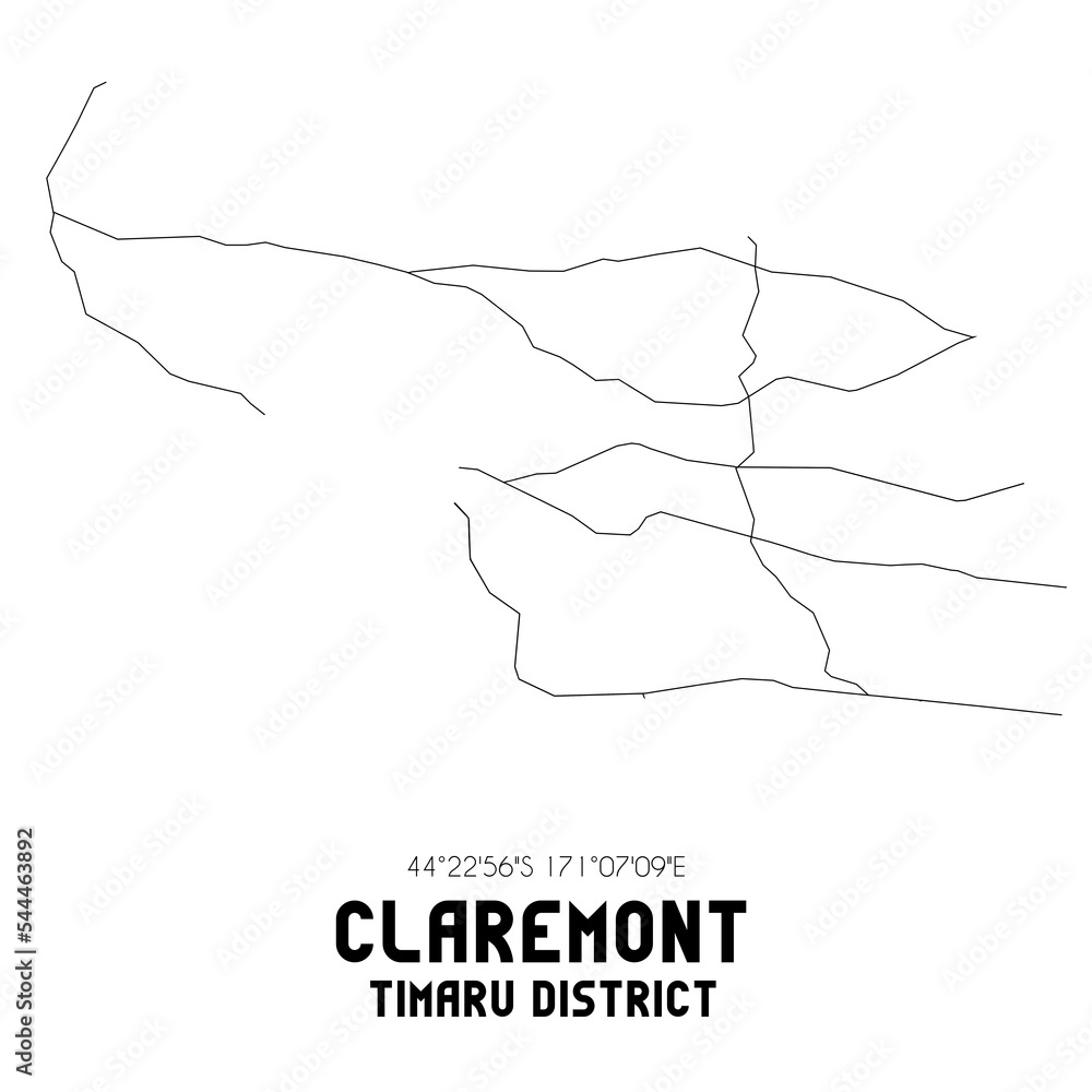 Claremont, Timaru District, New Zealand. Minimalistic road map with black and white lines