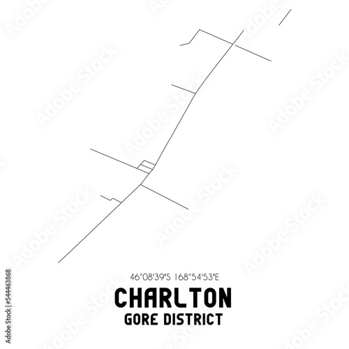 Charlton  Gore District  New Zealand. Minimalistic road map with black and white lines