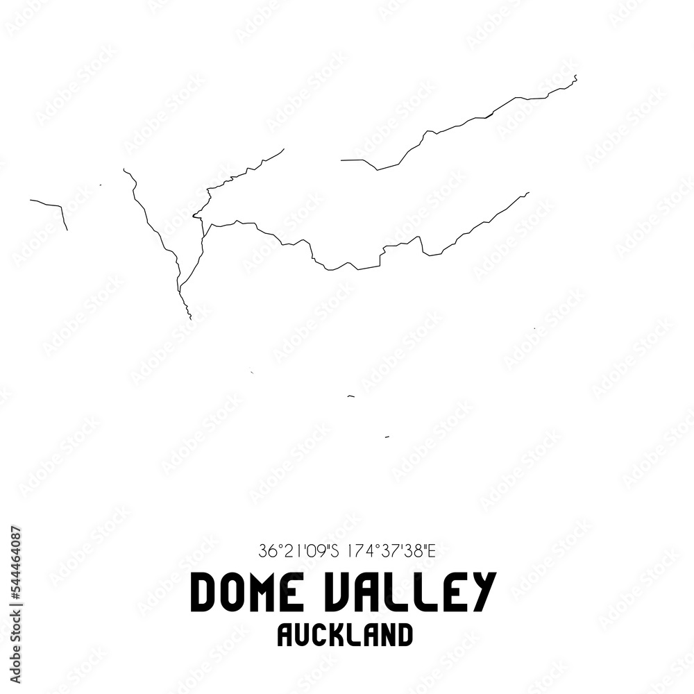 Dome Valley, Auckland, New Zealand. Minimalistic road map with black and white lines
