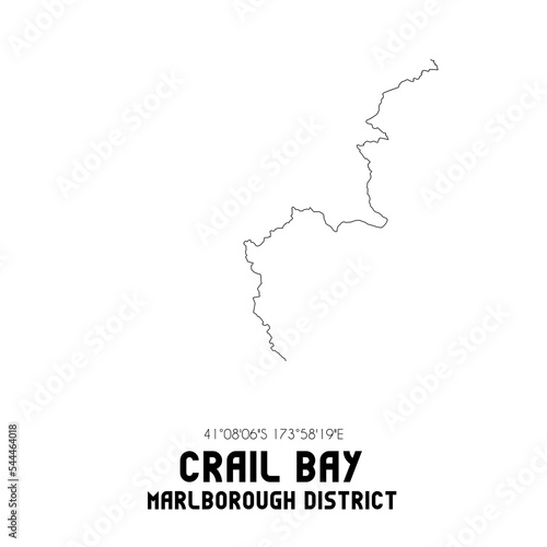 Crail Bay, Marlborough District, New Zealand. Minimalistic road map with black and white lines