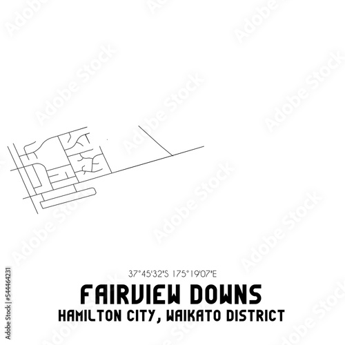 Fairview Downs, Hamilton City, Waikato District, New Zealand. Minimalistic road map with black and white lines