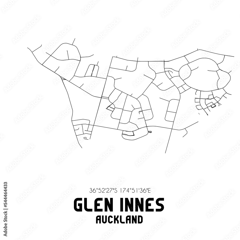 Glen Innes, Auckland, New Zealand. Minimalistic road map with black and white lines