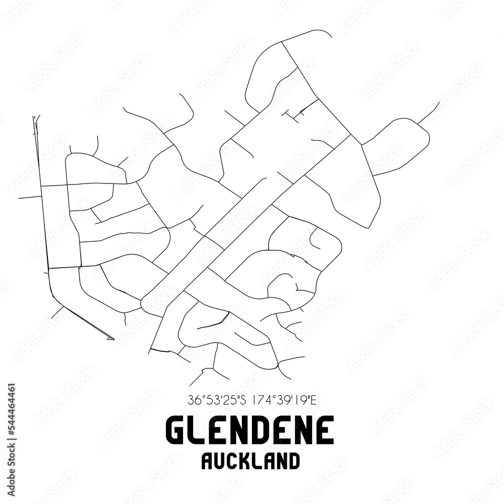 Glendene, Auckland, New Zealand. Minimalistic road map with black and white lines