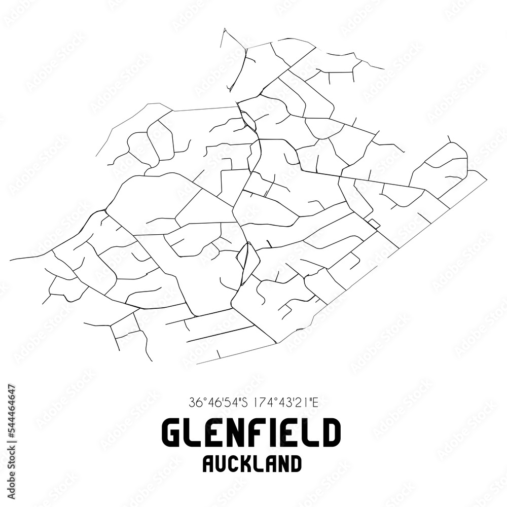 Glenfield, Auckland, New Zealand. Minimalistic road map with black and