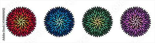 Floral hand drawn illustrations set. Colorful round stained glass shapes made of petals, black outline. Flower mandala, radial pattern, circle frame template, text background, mosaic decoration.