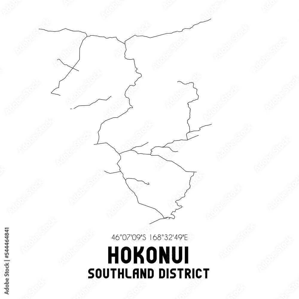 Hokonui, Southland District, New Zealand. Minimalistic road map with black and white lines