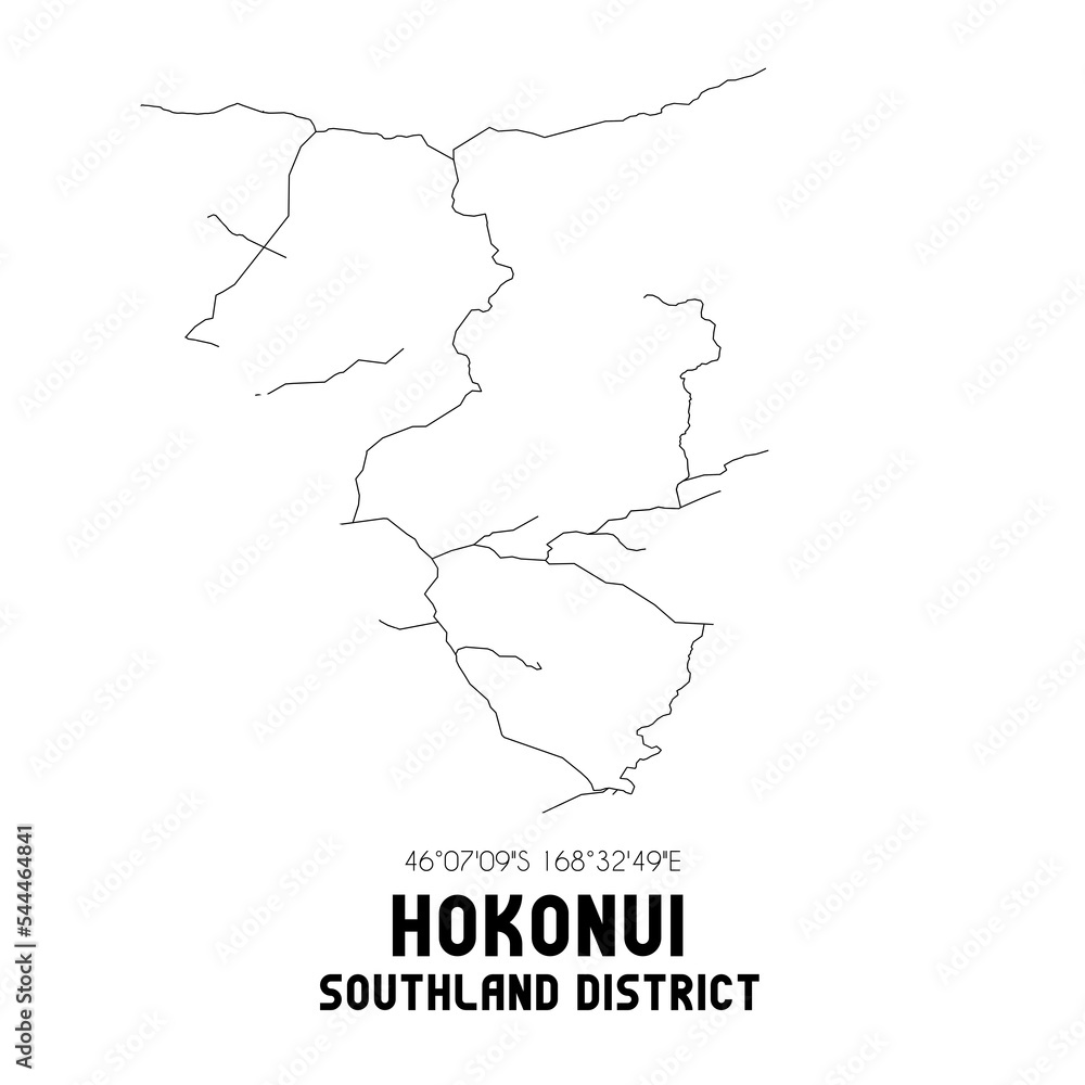 Hokonui, Southland District, New Zealand. Minimalistic road map with black and white lines Hokonui, Southland District, New Zealand. Minimalistic road map with black and white lines