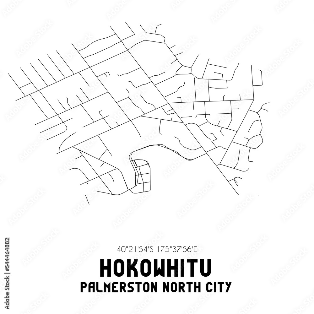 Hokowhitu, Palmerston North City, New Zealand. Minimalistic road map with black and white lines