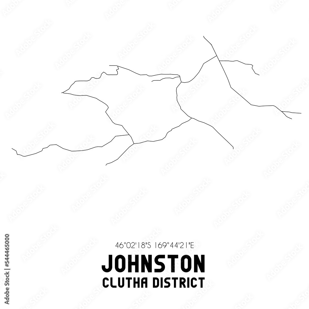 Johnston, Clutha District, New Zealand. Minimalistic road map with black and white lines Johnston, Clutha District, New Zealand. Minimalistic road map with black and white lines