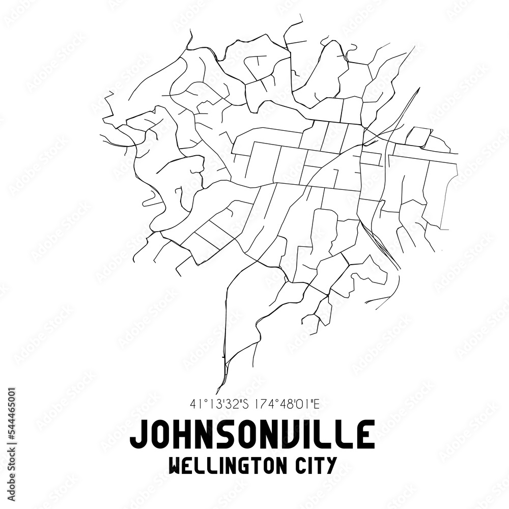 Johnsonville, Wellington City, New Zealand. Minimalistic road map with black and white lines