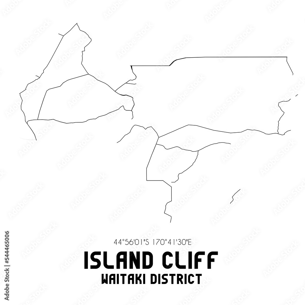 Island Cliff, Waitaki District, New Zealand. Minimalistic road map with black and white lines Island Cliff, Waitaki District, New Zealand. Minimalistic road map with black and white lines